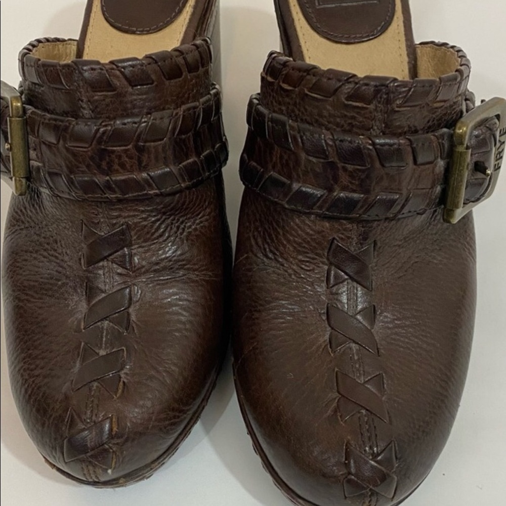 Frye Leather Harness Wooden Heels Mules